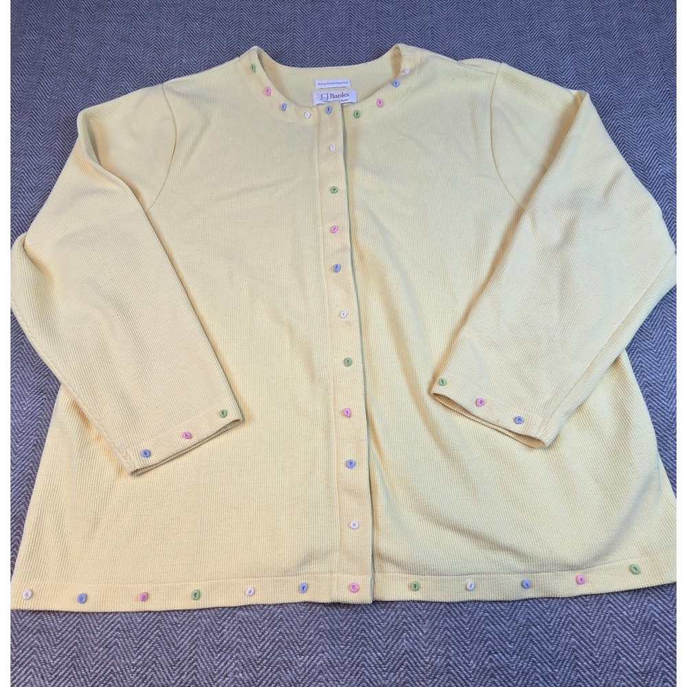 CJ Banks Yellow Hand Embroidered Button Front Ribbed Cardigan Sweater 2X